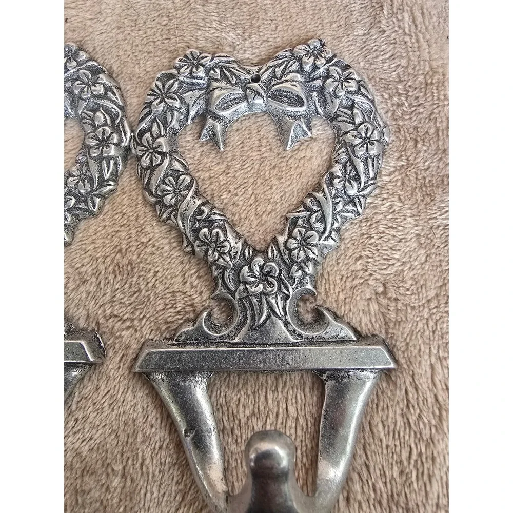 Silver Pewter Heart Wreath Wall Hooks Set of 2 Floral Bow Cottagecore